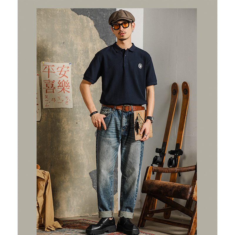 Retro British style plain folded neck polo shirt