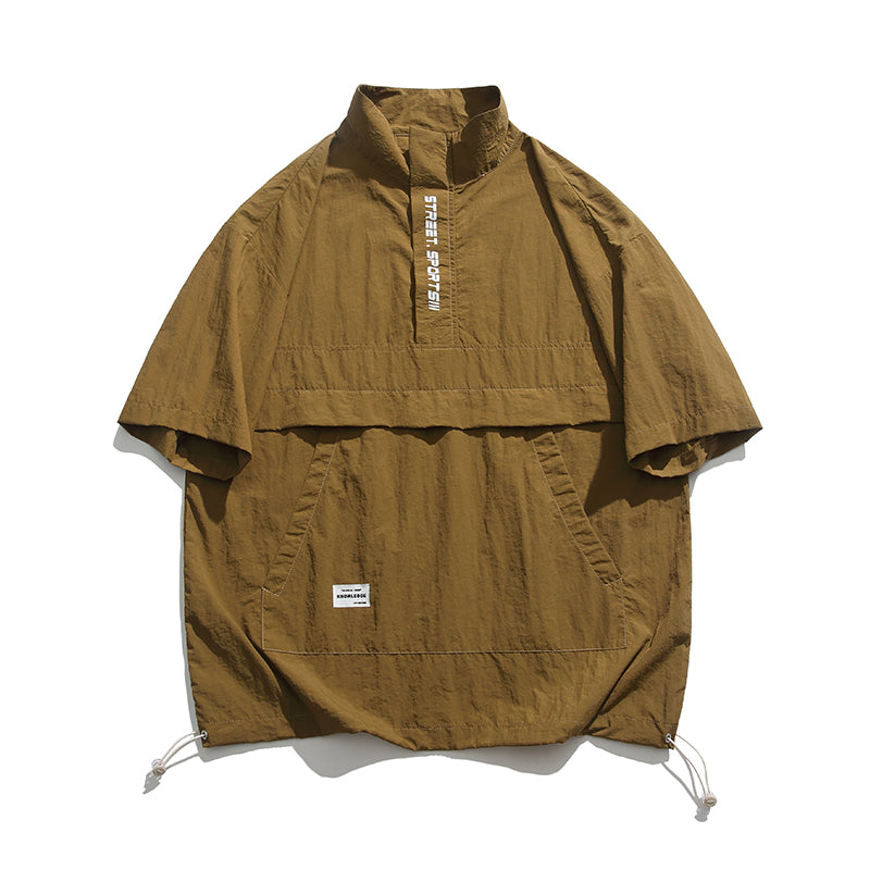 Fashion stand collar pocket short sleeve shirt