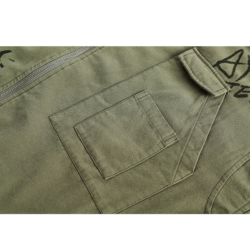 Washed padded shirt collar alphabet cargo down jacket