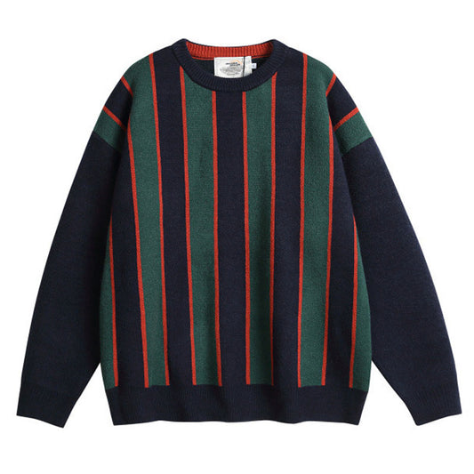 Retro color-matched striped knit round collar pullover sweater