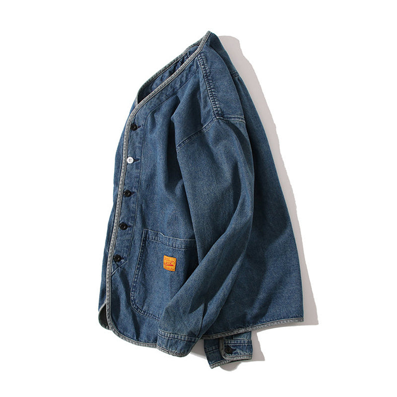 Color-coordinated button collarless denim jacket