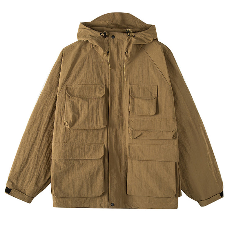 Solid color 3D multi-pocket hoodie cargo coat jacket