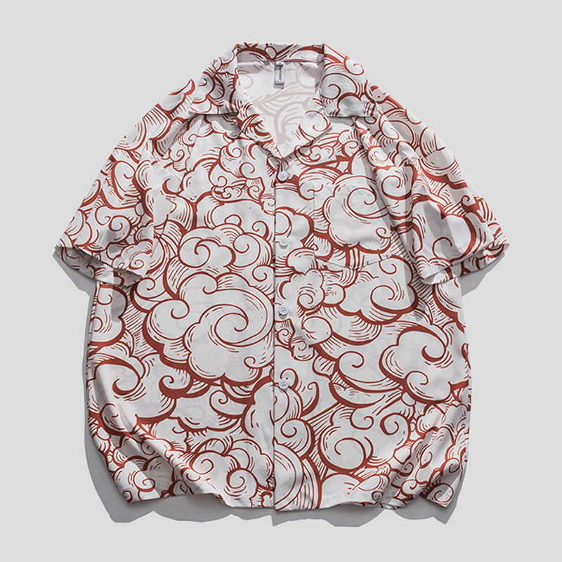 Cuban color "Wave" all-over print aloha shirt, short sleeves