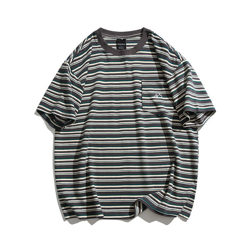 Retro Embroidered Horizontal Stripe Pocket T-Shirt
