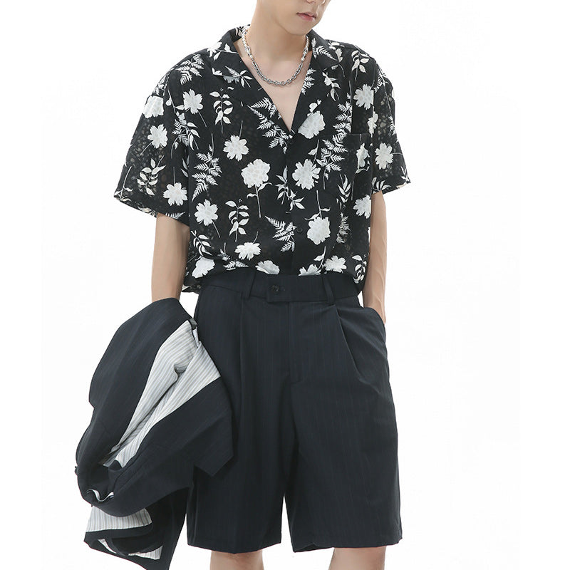 Retro folded neck floral short sleeve shirt