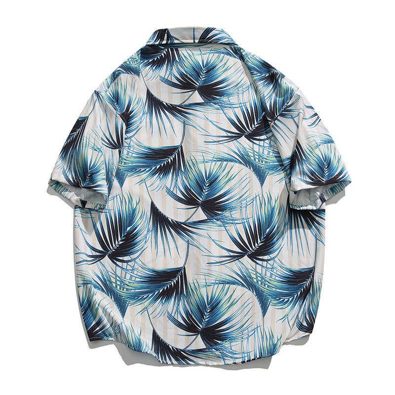 Striped Leaf Print Short Sleeve Aloha Shirt