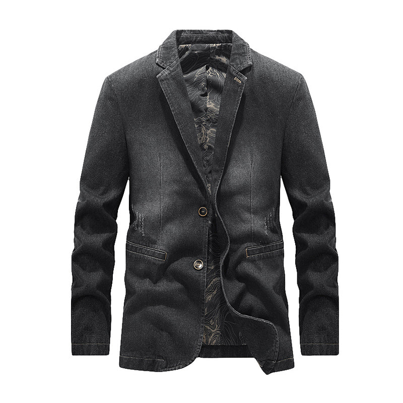 Distressed Leaf Pattern Denim Blazer Jacket