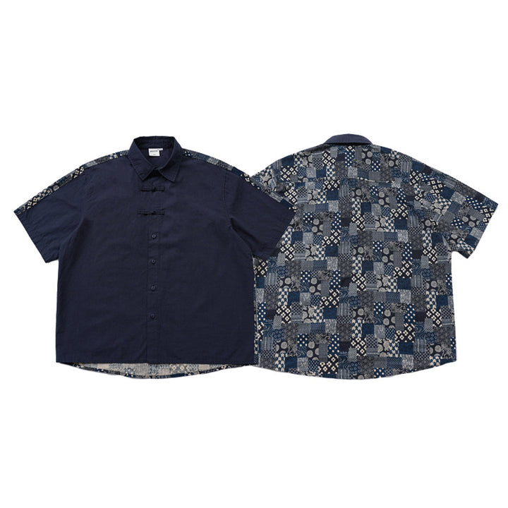 Vintage-style all-over pattern Chinese button-down shirt