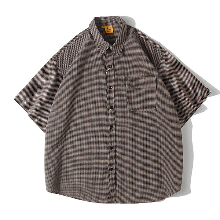 Thin gingham check short-sleeved shirt with flap pockets