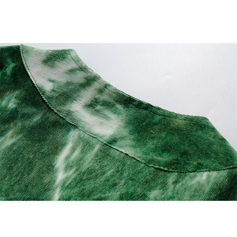 Hawaiian print tie-dye collarless short-sleeved shirt