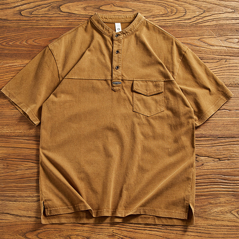 夏新作無地ハーフジップ ウォッシュ加工コットンTシャツ