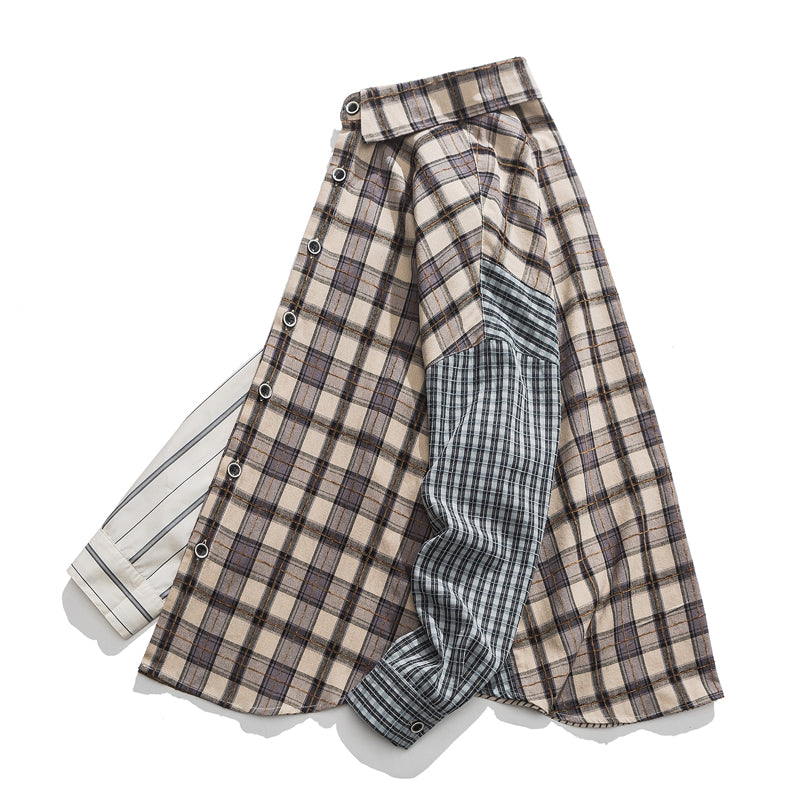 Reconstructed check and stripe combination long-sleeved shirt