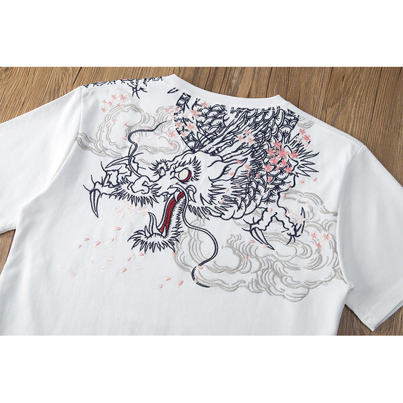 Yokosuka Dragon and Cherry Blossom Embroidered Short Sleeve T-Shirt
