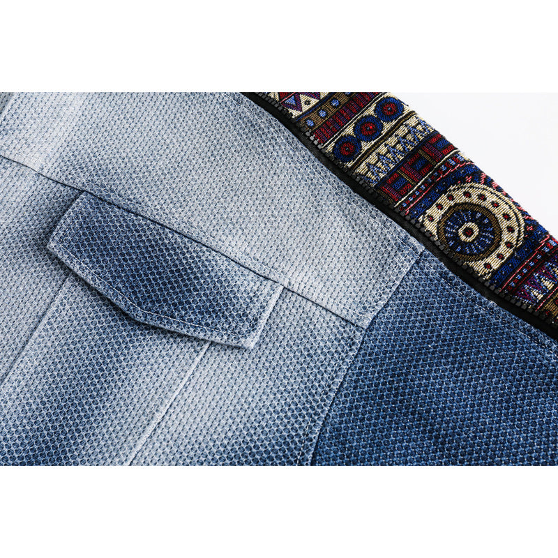 Original ethnic jacquard patchwork denim jacket