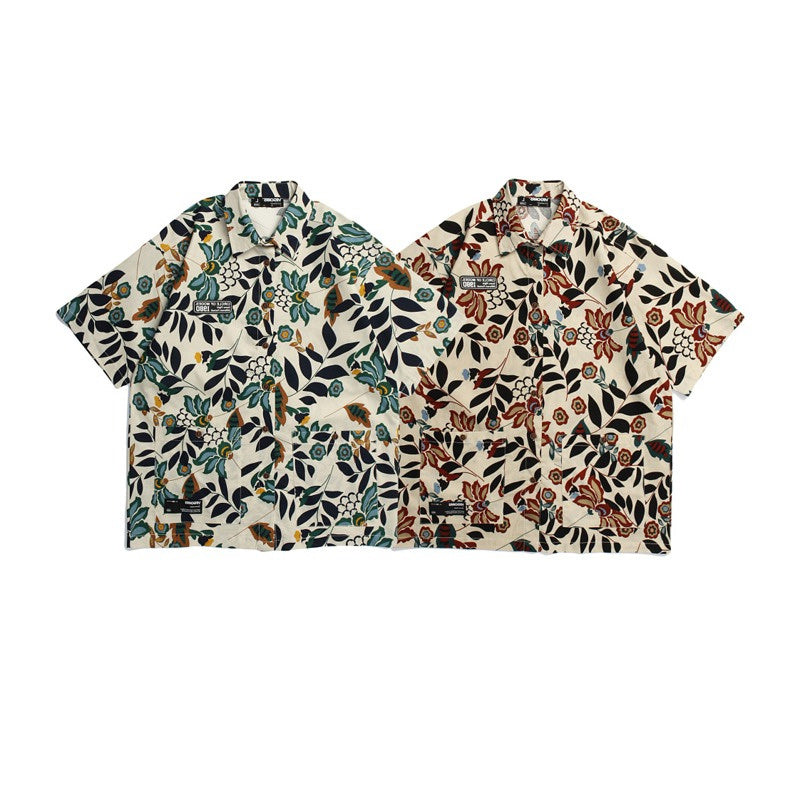 Retro leaf print aloha short-sleeved shirt