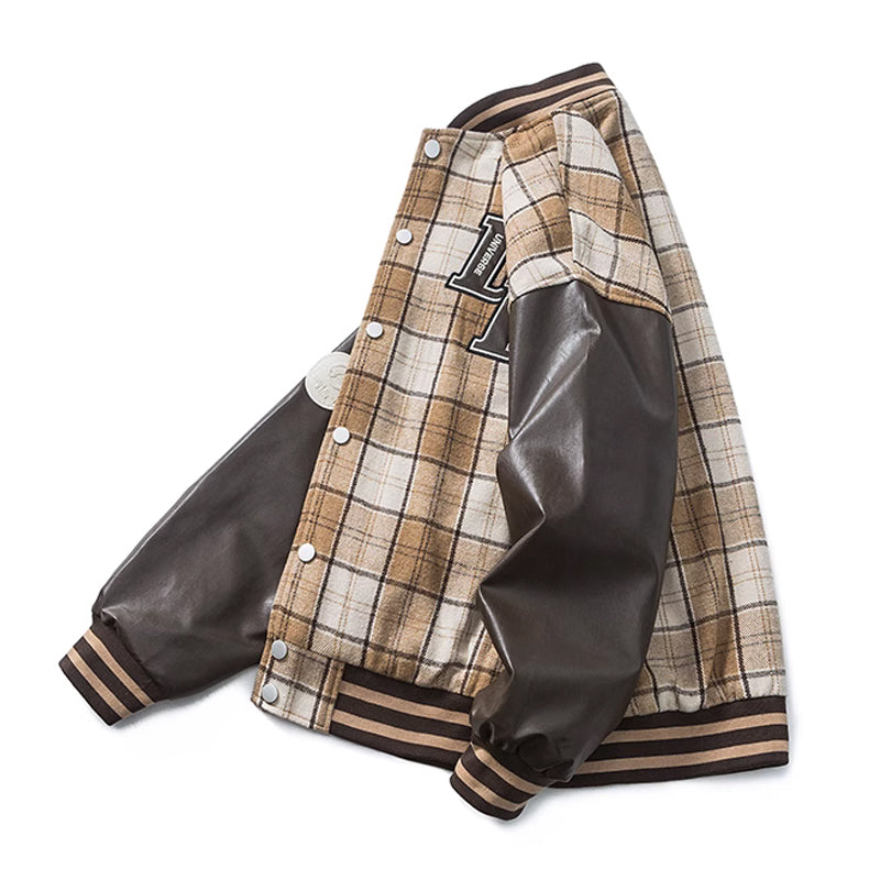 Checkered and leather combination college varsity jacket