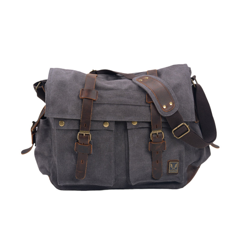 Large capacity canvas and genuine leather messenger bag in five colors