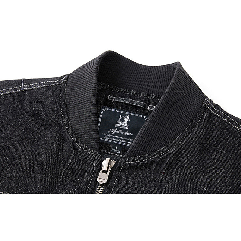 Distressed denim flight jacket with a maple leaf pattern on the back and motorcycle embroidery