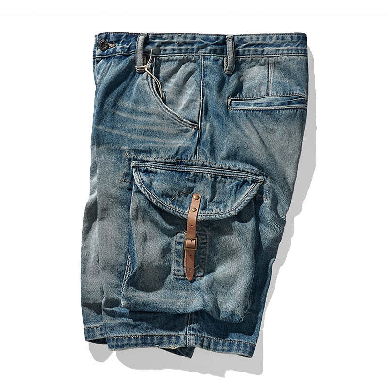 1970s washed denim shorts with leather buckle