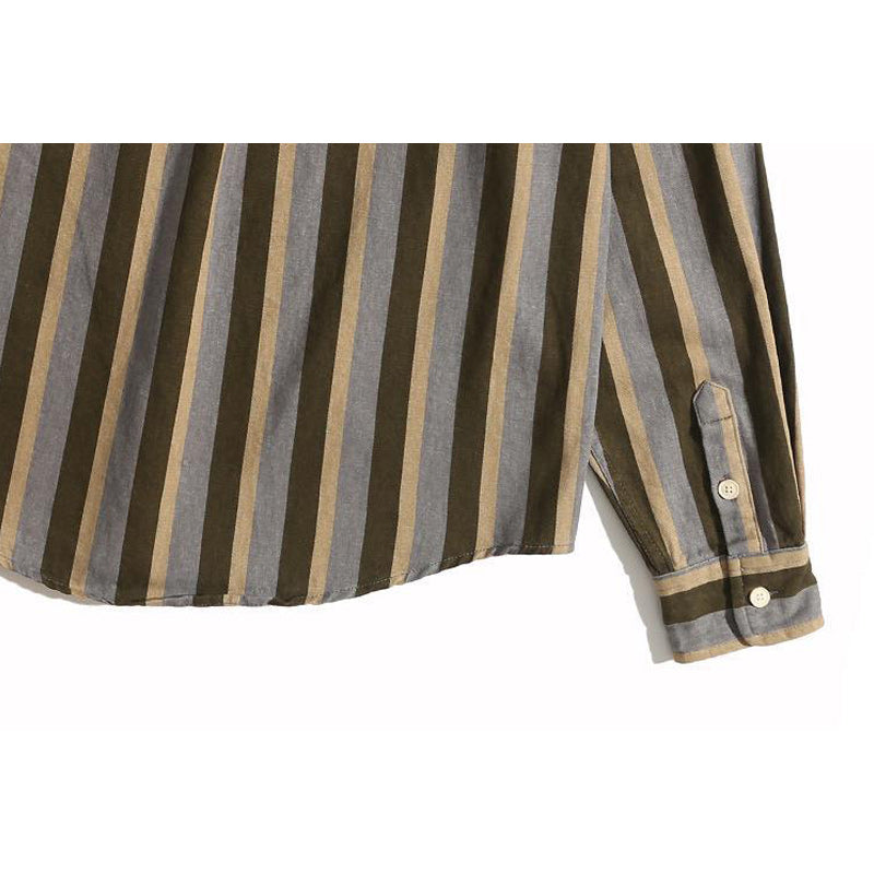Retro color-block striped cotton long-sleeved shirt