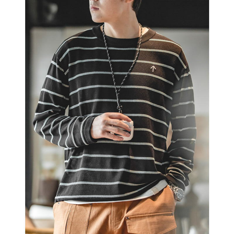 "Up Arrow" Embroidered Striped Knit Long Sleeve Tee