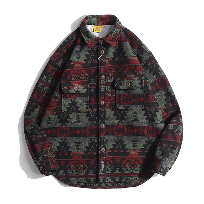 NAVAJO all-over print wool-blend tweed overshirt with elbow patches
