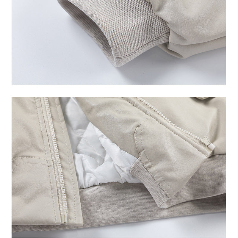 Men's Winter PU Leather Baseball Jacket, Loose Fit, Cold Weather, Windproof, and Warm, Stand-Up Collar