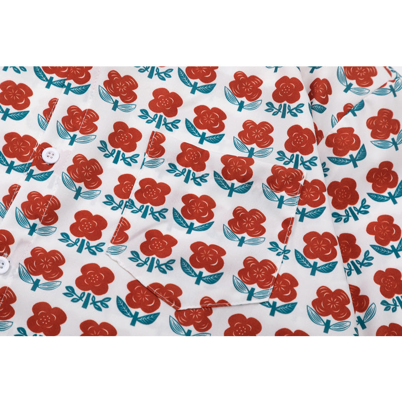 Full-bloom red flower print short-sleeved Hawaiian shirt