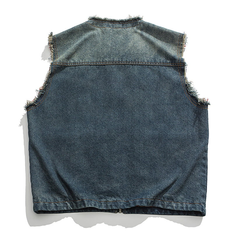 Reversible denim and check pattern 2-way vest