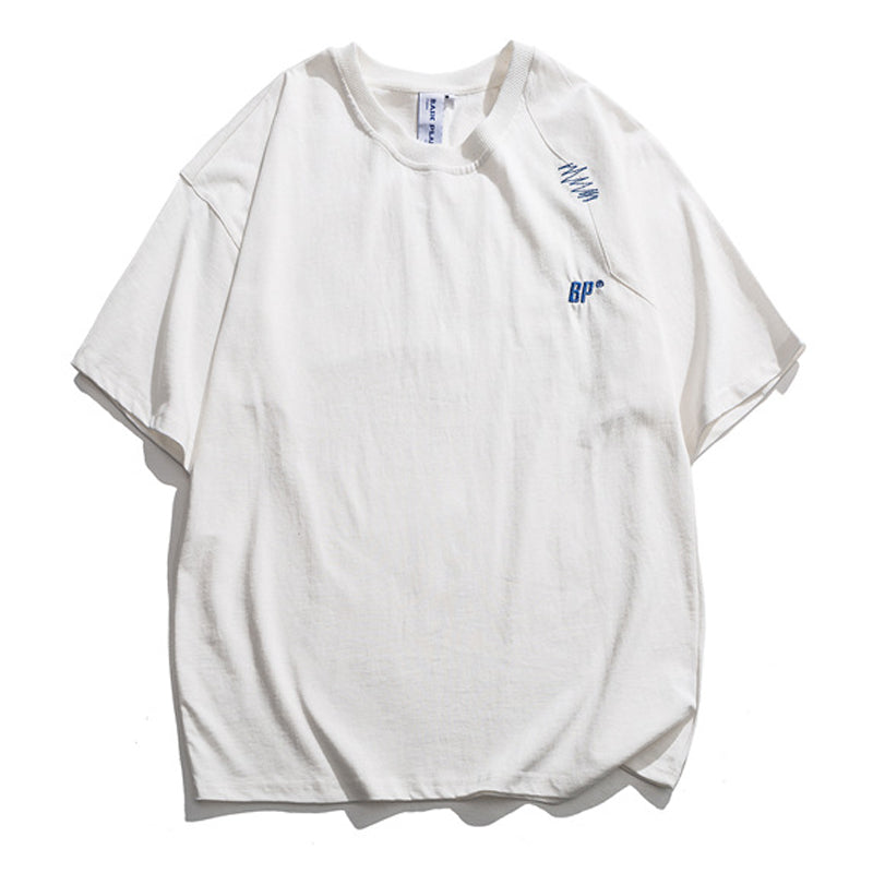 刺繡入り 不規則ステッチコットンTシャツ