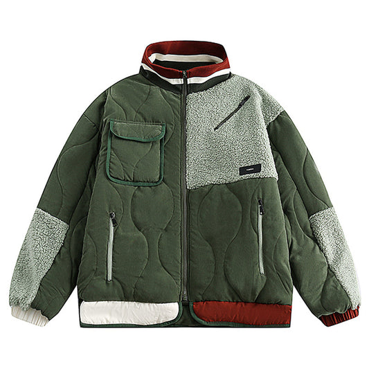 Color-coordinated fleece-trimmed quilted jacket