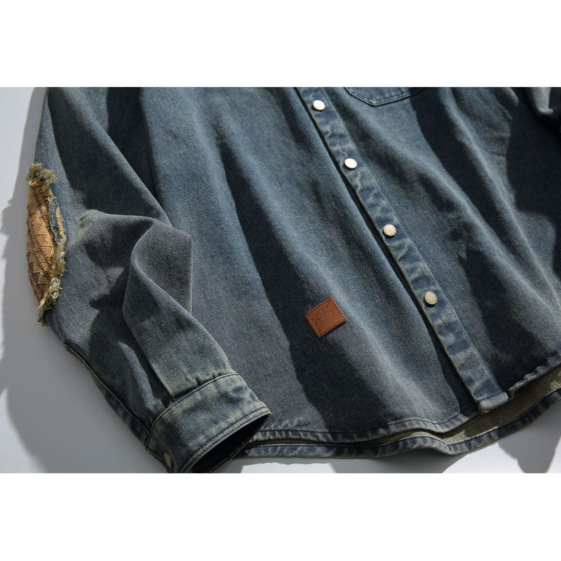 Ethnic jacquard elbow patch denim work shirt