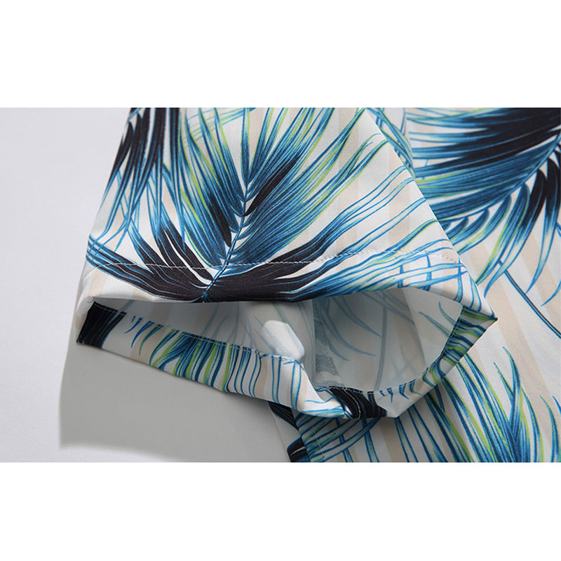 Striped Leaf Print Short Sleeve Aloha Shirt