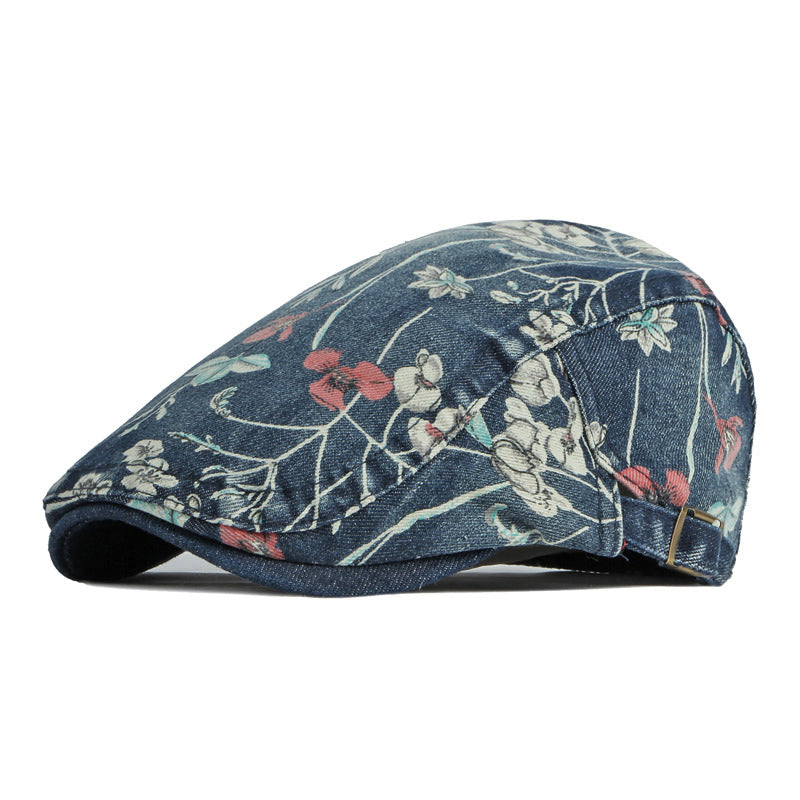Ethnic print washed denim cap