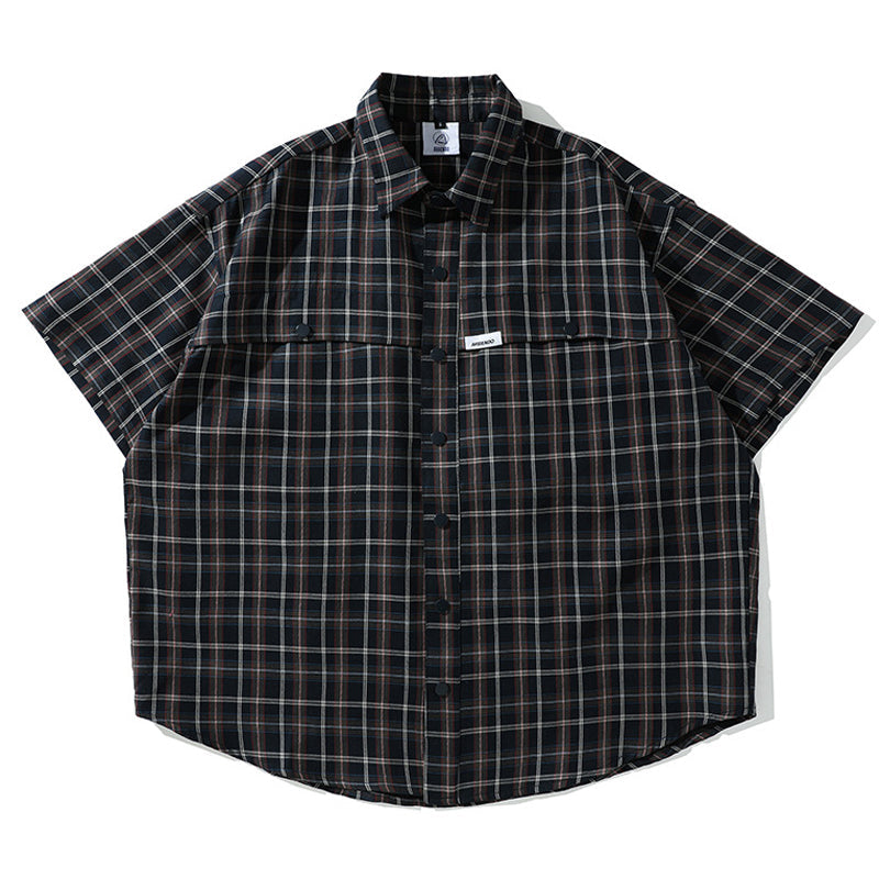 Tartan check short-sleeved shirt with dot buttons