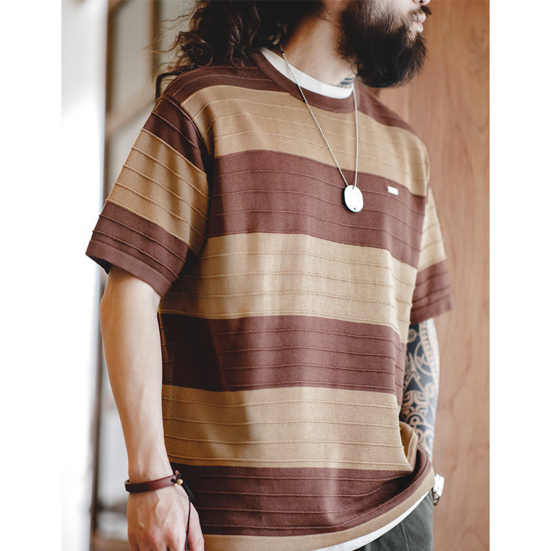"3D-STRIPE" Border Pattern Linen-Like Knit Tee