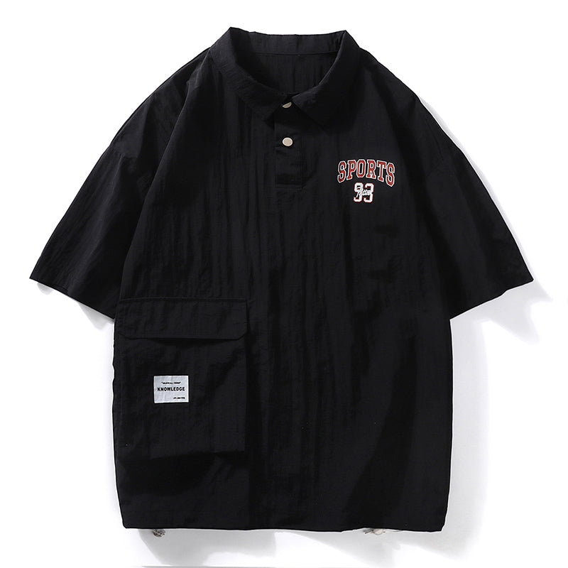 Functional pocket, fold-over neck, button-down casual short-sleeved shirt