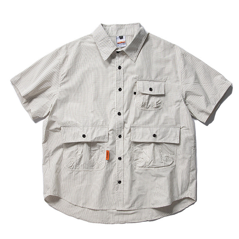Checkered pocket work short-sleeved shirt
