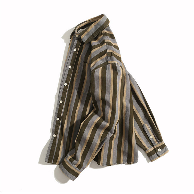 Retro color-block striped cotton long-sleeved shirt