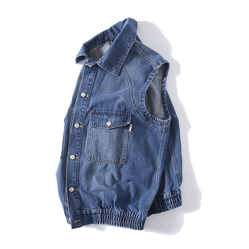 Washed denim vest with elastic hem