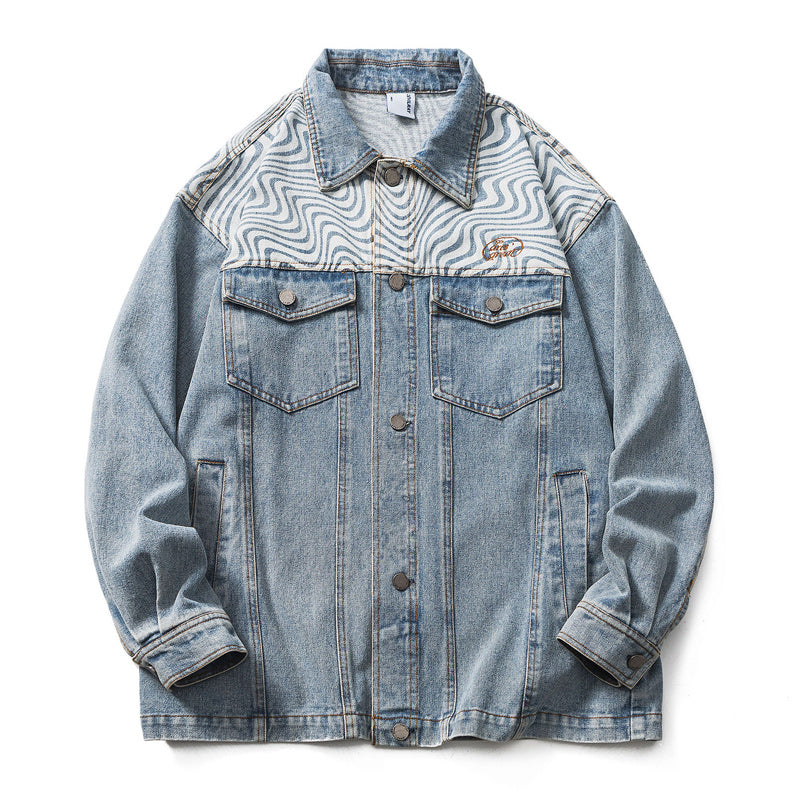 Denim Ripple Wash Patchwork Denim Jacket
