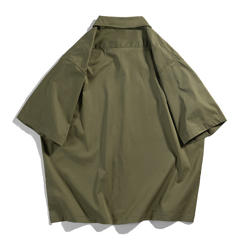 Retro Zipper Solid Work Short Sleeve Shirt