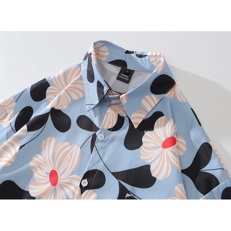 New summer color combination floral print short sleeve shirt
