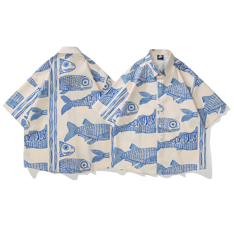 Retro ancient fish print short sleeve shirt