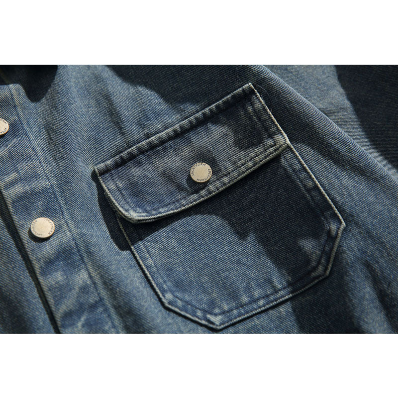 Ethnic jacquard elbow patch denim work shirt