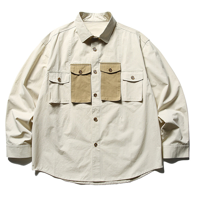 Fashionable color matching multi-pocket long-sleeved shirt