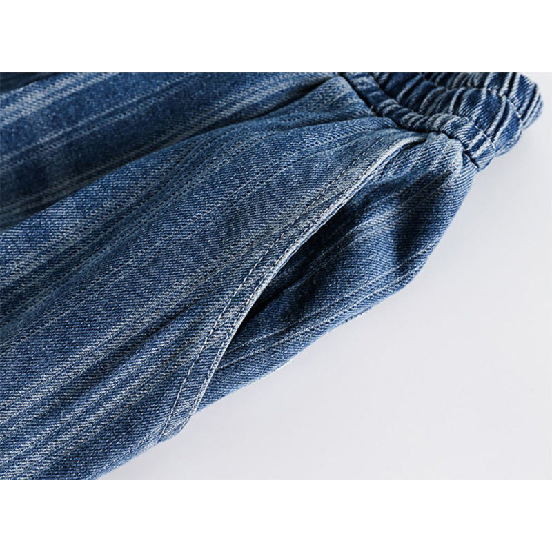 Washed Elastic Waist Straight Jeans