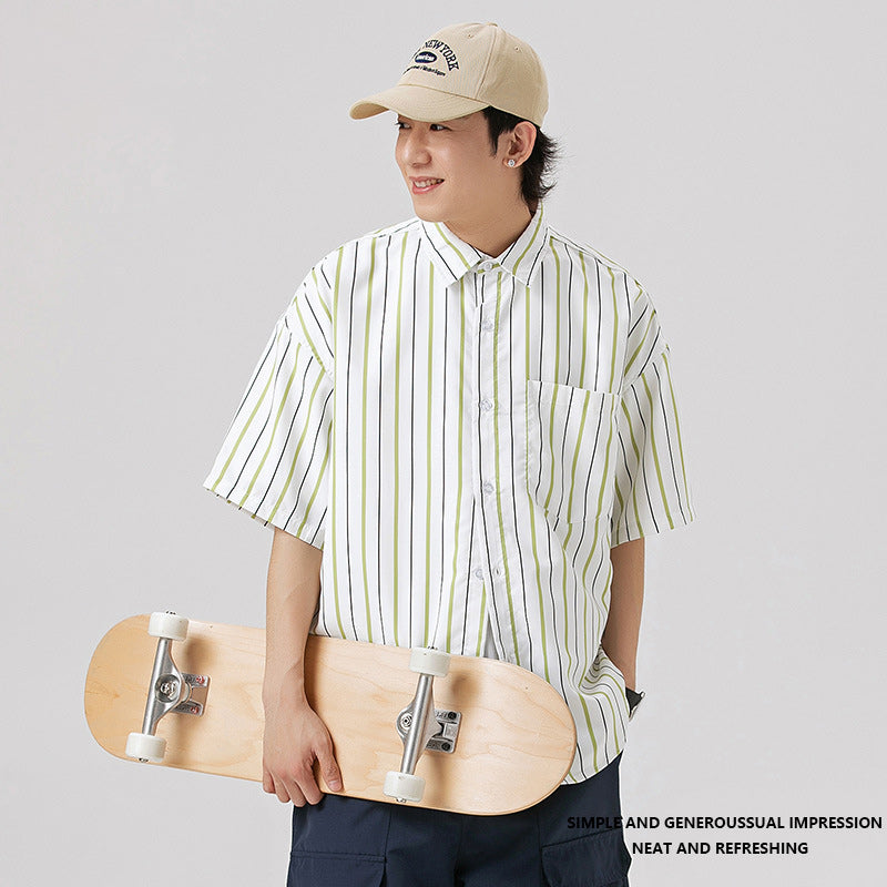 定番ストライプ合わせやすい半袖シャツ