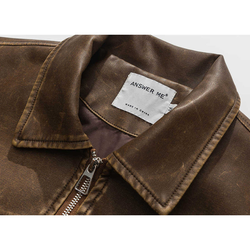 レトロ ウォッシュ加工レザー ジャケット折り襟 ジャケット