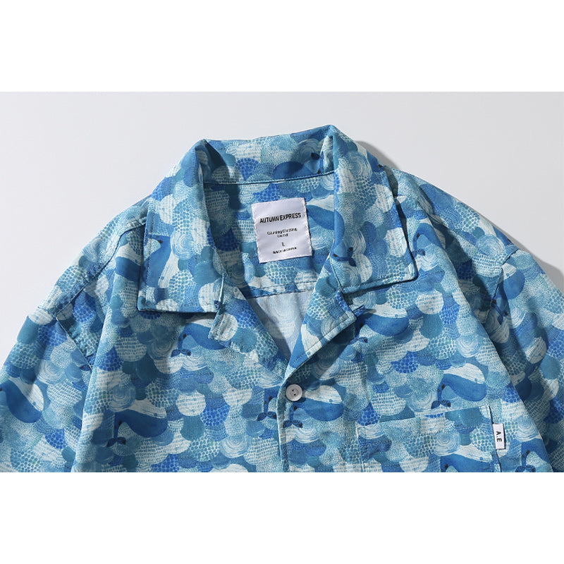 Hawaiian Ocean Wave Whale Print Aloha Shirt